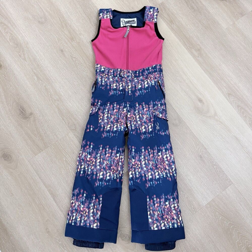 Spyder Girls Bitsy Sparkle Snow Bib Room to Grow Pink Blue Ski Pants Size 7 EUC